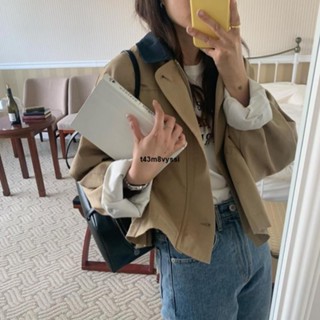 七喜服裝 秋季~韓版寬鬆撞色翻領休閒短版上衣女 短版風衣工裝夾克外套 女生外套 秋季新款