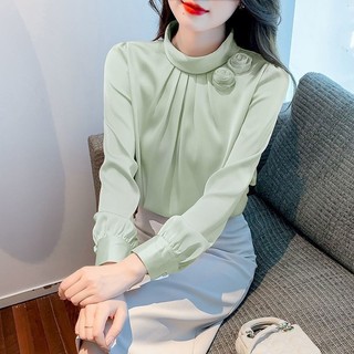 SY法式長袖襯衫氣質顯瘦韓版立領上衣花朵純色寬鬆套頭長袖上衣雪紡襯衫女秋薄款襯衫雪紡上衣