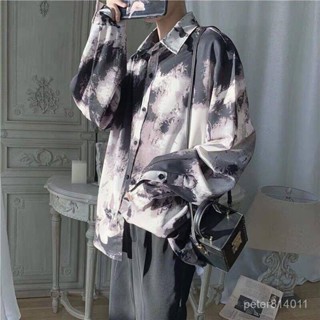 【PE】男士襯衫複古港風紮染襯衫學生印花韓版時尚百搭寬鬆潮流帥氣長袖襯衣男