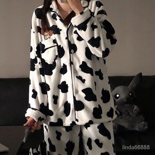 桃園出貨⭐日係ins可愛奶牛珊瑚絨睡衣女秋冬加絨加厚法蘭絨保暖家居服套裝