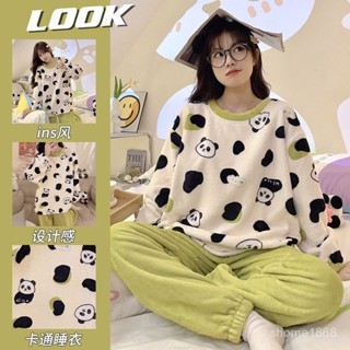 高質量-虧本📣可愛珊瑚絨睡衣女秋冬季加絨圓領家居服甜美日係宿捨法蘭絨套裝女 LYX3