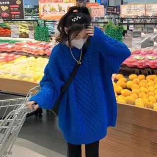 💖新款熱銷 針織上衣 毛衣女 慵懶風菱格克萊因藍毛衣女秋冬季新款chic寬松顯瘦套頭針織衫上衣 長袖針織毛衣