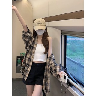 【magxixi】臺灣出貨🚚2024秋季新款複古格子襯衫女款外套長袖薄開衫上衣寬鬆慵懶風襯衣