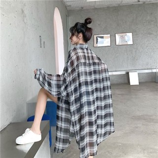 【Seeryn】L~4XL 女生大尺碼長袖襯衫胖妹妹ins中長款格子襯衫學生薄款冷鋒衣防曬衣韓版上衣寬鬆時尚百搭