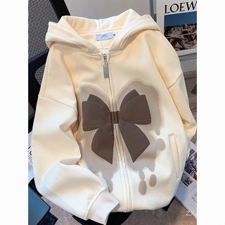 潮牌蝴蝶結連帽衛衣女oversize高街潮牌開衫女春秋薄款加厚外套潮