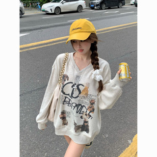 寬鬆上衣 美式復古小狗印花v領長袖衛衣女裝秋季寬松顯瘦灰色休閑純棉上衣 長袖大學T恤女