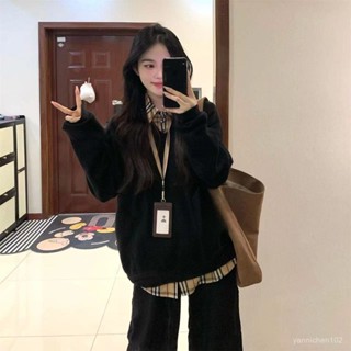 點心喵 森林系 日系森林系 日系 日系女裝 日系疊穿 兩件套裝甜美慵懶風複古寬鬆遮肉針織套頭毛衣女學生疊穿格紋襯衫 L