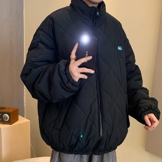 YLIE 外套 秋冬季外套 男女 菱形格棉衣男冬季加厚寬松ins潮牌棉服外套秋冬韓版潮流保暖棉襖