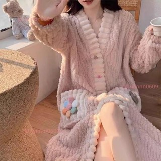 珊瑚絨睡袍女秋冬季睡裙長款冬款大碼加絨加厚法蘭絨浴袍睡衣外套