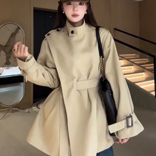 韓版不規則立領風衣女小眾設計感氣質寬鬆收腰顯瘦百搭短款外套潮