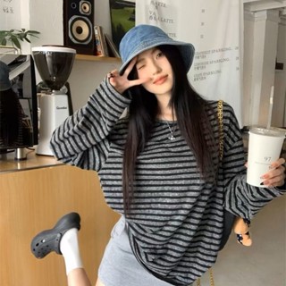 ❀西西裡女裝❀慵懶風 鬆弛感 灰色 條紋 長袖 T恤女 秋季 寬鬆 休閒 上衣 設計感 小眾 打底衫