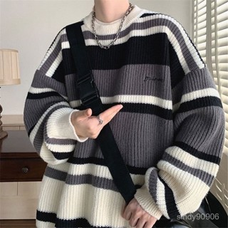 【大碼慵懶風毛衣男】冬季複古條紋毛衣男寬新款打底針織潮男生慵懶風上衣套頭港風ins大碼圓領毛衣男學生港風森係加大慵懶毛衣