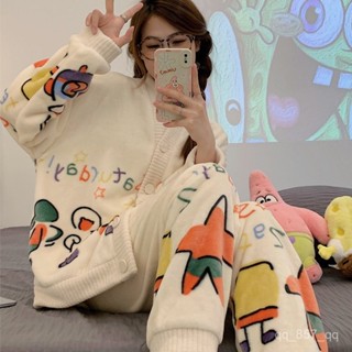 臺灣出貨 珊瑚絨睡衣女 秋冬加絨加厚家居服 女生睡衣 法蘭絨冬天居家服 長袖睡衣 可愛睡衣 卡通睡衣 冬天睡衣 開衫睡衣