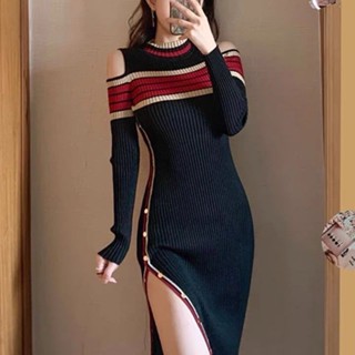 【FROCK】韓版連衣裙 性感包臀裙 長袖洋裝 針織連衣裙法式氣質修身顯瘦氣質露肩長裙 生日禮服 節日洋裝 辣妹連身裙