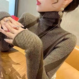 加厚條紋T恤 上衣 T恤 打底衫 長袖上衣女 德絨新款打底衫 高檔打底衫女 洋氣可外穿內搭 媽媽裝高領上衣 大碼女裝上衣
