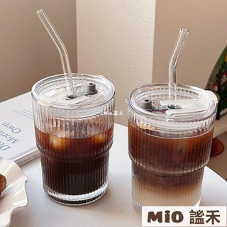 Mio🌸ins豎條紋玻璃咖啡杯帶蓋帶吸管水杯少女風高顔值牛奶果汁情侶杯