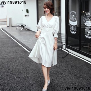 熱銷現發 白色長袖晚禮服 女王氣質平時可穿緞面洋裝 宴會法式連身裙 音樂會演出禮服 生日派對洋裝 鋼琴演出禮服 新娘喜宴