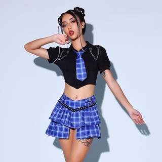 舞蹈🔥尾牙春酒啦啦隊服 團體演出服 爵士演出服女團打歌服套裝韓舞性感新款學生格分體舞蹈服成人服裝