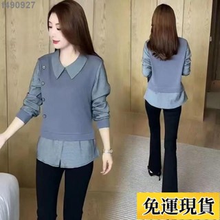 🌷臺灣限時低價🌷 襯衫假兩件套女長袖 春秋新款襯衣韓版寬鬆撞色遮肚子上衣 shirt長袖襯衫 襯衫 外套 上衣 女生
