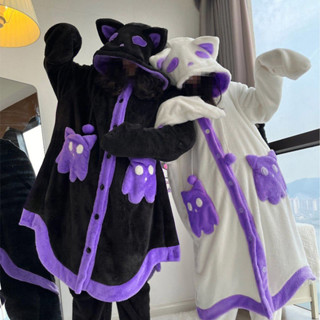 ins韓版幽靈貓帶尾巴睡袍女冬季新款連帽珊瑚絨加厚可愛長袍睡衣 7HFJ