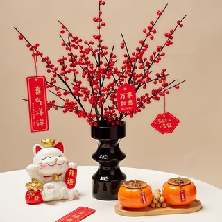 新年擺件 模擬花束 乾燥花 發財果 永生花 新年裝飾 春節佈景 冬青紅果發財仿真花客廳擺設插花裝飾喬遷新年訂婚擺件假花