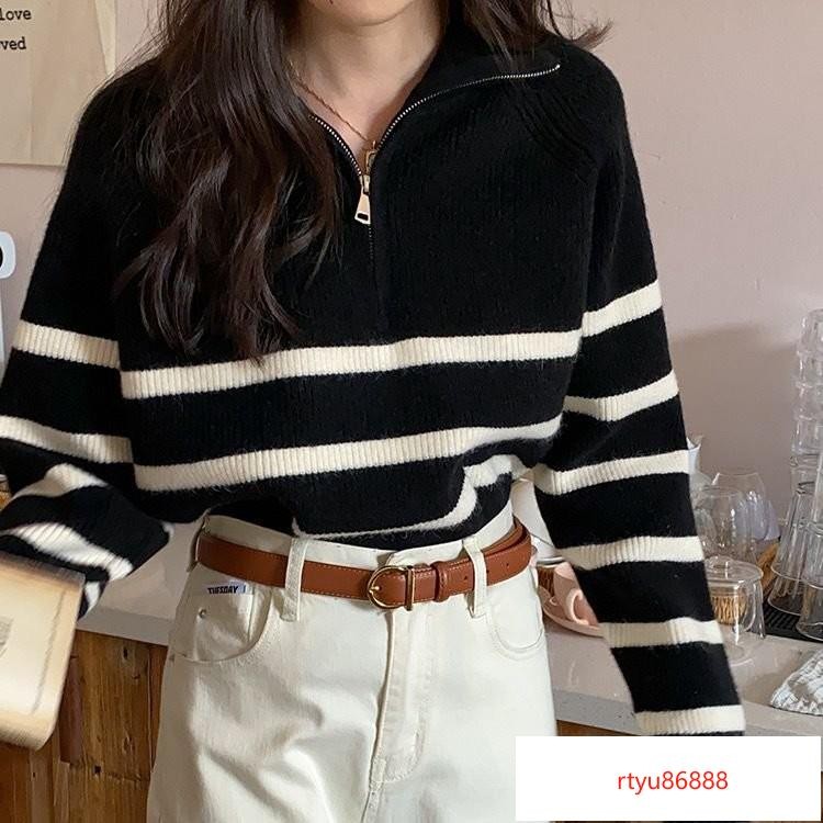 【唯家】針織衫女內搭半拉鏈條紋毛衣女秋冬新款翻領套頭複古寬鬆針織衫初秋慵懶風外穿