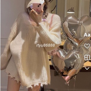 【唯家】秋季慵懶風中長款羊毛衫 毛邊大v領毛衣女 秋冬設計感寬鬆長袖上衣 套頭針織衫