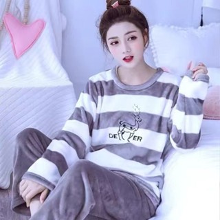 🔥熱賣ᴴᴼᵀ🔥 冬季法蘭絨睡衣 女加厚秋季長袖珊瑚絨套頭學生睡衣套裝保暖家居服