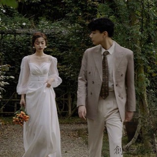 熱賣 登記婚紗 法式緞麵輕婚紗高階感旅拍森係外拍自助婚紗寫真登記結婚禮服簡約長袖小拖尾新娘禮服洋裝 婚紗
