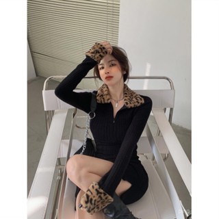 【FROCK】秋冬季豹紋長袖氣質加厚連衣裙修身顯瘦包臀裙 長袖洋裝 夜店洋裝 性感短裙 韓版女裝 包臀連衣裙 生日裝