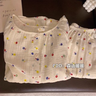 糖果屋~韓版ins日系甜美紗布睡衣女春秋清新簡約小碎花長袖家居服可外穿套裝居家服
