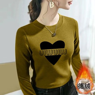 (臺灣出貨)SY長袖上衣德絨設計感內搭愛心長袖T恤秋冬裝韓版上衣圓領修身氣質打底衫女印花上衣