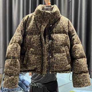 羽絨外套 短版羽絨服女2024年冬季新款美式豹紋小個子加厚白鴨絨麵包服外套 防寒 保暖羽絨服 白鴨絨外套女生1123 G