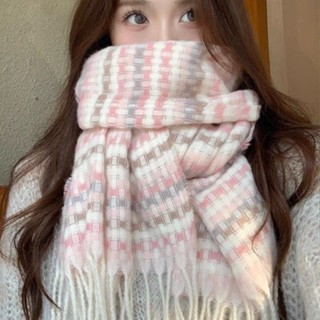 【臺灣出貨】大披肩 仿羊絨針織 圍巾女 圍巾披肩 保暖圍脖 可愛格子圍巾加厚冬季甜美學生披肩保暖百搭韓版圍脖