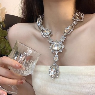INS 韆金風 亮晶晶 誇張 歐美誇張大寶石鎖骨項鏈女宮廷複古輕奢風水晶吊墜禮服宴會配飾