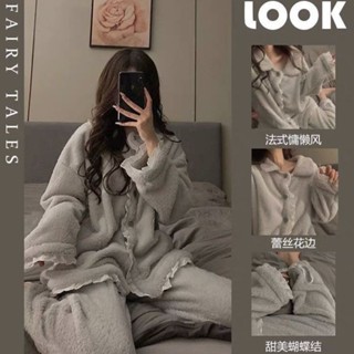 Lam 睡衣 居家服珊瑚絨睡衣女冬季加厚ins風法蘭絨網紅小香風蕾絲少女家居服套裝