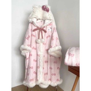 蝸居生活館🔆珊瑚絨睡衣 套裝 hellokitty睡袍珊瑚絨連帽睡衣女冬季加絨加厚學生保暖居家服外穿 睡袍 居家服