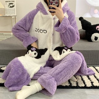 秋冬睡袍女 加絨睡袍🔥庫洛米珊瑚絨睡衣女冬季加絨加厚保暖法蘭絨中長款連帽秋冬款睡袍