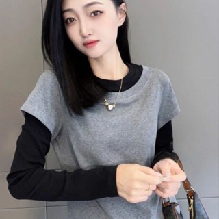 長袖 t恤女 長袖上衣 長袖女 大碼撞色假兩件長袖t恤女秋季2025新款寬鬆顯瘦遮肉時尚正肩上衣
