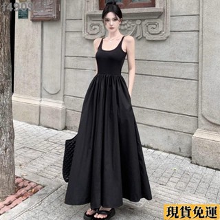 🌷臺灣限時低價🌷 大尺碼洋裝 長洋裝 氣質洋裝 連身洋裝 新款拼接黑色赫本風連衣裙收腰顯瘦質感高級感吊帶長裙 連身裙