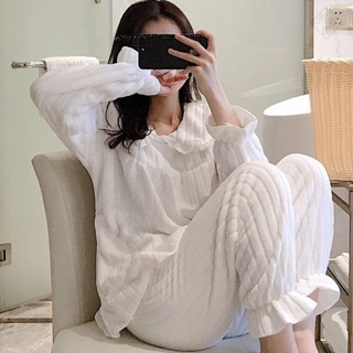 可可裡🍁韓版ins珊瑚絨睡衣女秋冬季加絨加厚法蘭絨純色家居服套裝可外穿