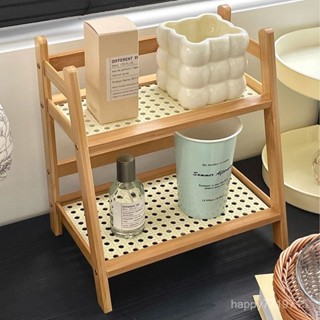 ins中古風藤編奶油色雙層桌麵置物架 奶油風藤編置物架 收納架 梯形置物架 桌上 置物架 雙層 DTTQ