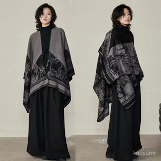 2025新款📣簡約2024小眾仿羊絨闇黑開叉鬥篷秋冬保暖男女雙麵民族風披肩圍巾 ILVB