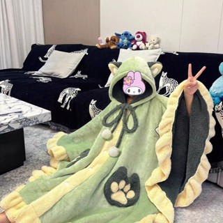 可愛少女連帽珊瑚絨睡衣女冬季新款加絨加厚毛絨斗篷一體居家睡袍