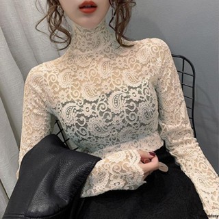 【小茹精選💕】蕾絲 打底衫 女春秋 百搭 高領洋氣小衫 女上衣 內搭長袖t恤 lzx