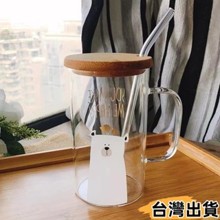 臺灣熱賣⚡600ml大容量馬克杯 ins透明玻璃杯 可愛帶把手馬克杯附蓋 喝水泡茶杯 卡通 耐熱 隔熱水杯 咖176