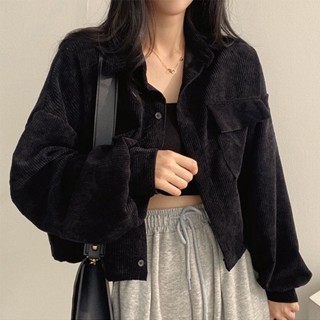 免運📣80公斤可穿 大尺碼外套女 短款燈芯絨襯衣女 2023春秋季新款百搭上衣外套長袖寬鬆襯衣 大尺碼女裝 潮