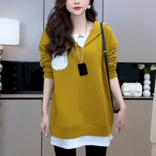 免運📣150公斤可穿 長袖大學T 大尺碼女裝 秋冬新款 大碼胖MM假兩件長袖衛衣女韓版氣質百搭休閒中長款上衣女潮 TQ