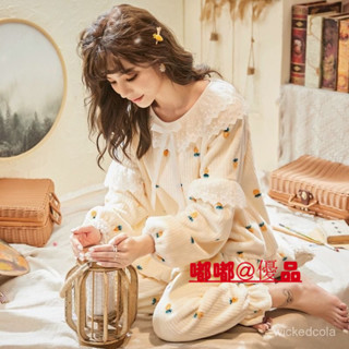 嘟嘟優品 睡衣女秋冬珊瑚絨法蘭絨加厚甜美可愛僊的宮廷公主風家居服長袖 女生睡衣 睡衣套裝 保暖睡衣 冬季睡衣 珊瑚絨睡衣