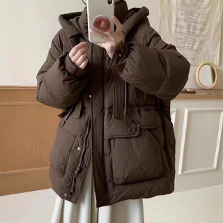 桃園出貨 2024秋冬新羽絨外套服女中長款連帽抽繩係飄帶加厚寬鬆白鴨絨髮熱外套 臺灣賣家 臺灣髮貨